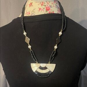 Black and Silver Beaded Necklace vintage plastic asymmetrical 25”